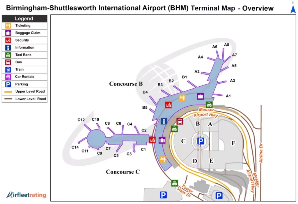 airfleetrating-birmingham shuttlesworth airport terminal Map